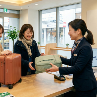 荷物を受け取るフロントの女性