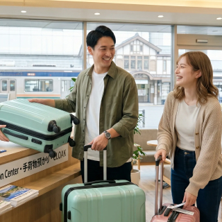 荷物を預ける男女
